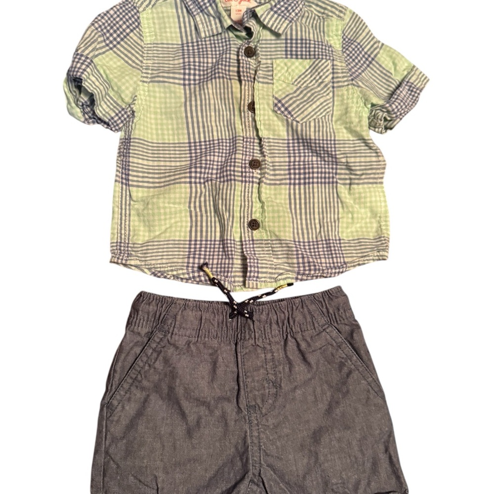 Cat & Jack Baby Boy Outfit Set 12M Plaid Button Shirt & Chambray Shorts